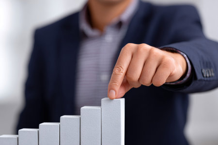 Businessman's hand pushing 3d bar chart upwards, symbolizing business growth and successの素材