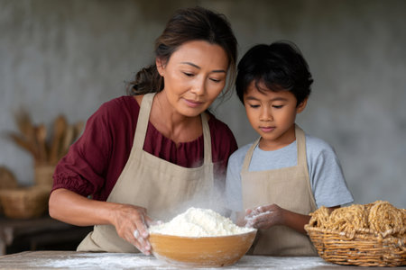 Grandmother and grandson baking, learning to prepare dough togetherの素材
