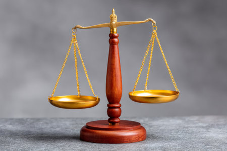 Golden scales of justice balancing against a gray backgroundの素材
