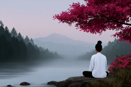 Woman finding inner peace meditating by a serene lake with forest and mountains in the backgroundの素材