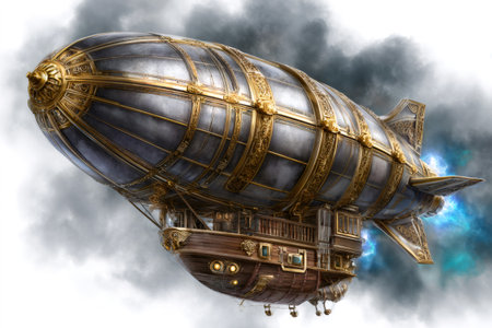 Steampunk airship flying through the clouds, representing classic alternative history styleの素材