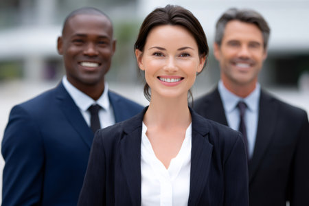 Professional businesswoman leading a multi ethnic corporate groupの素材