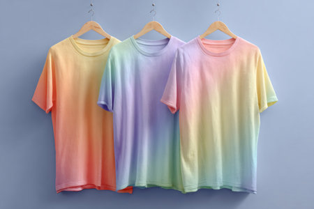 Colorful cotton shirts displaying a vibrant soft ombre pattern against a blue wallの素材