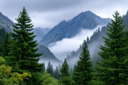 Green pine trees and mountains visible through dense fog in a valleyの素材