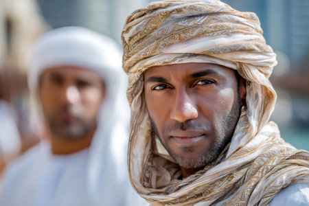 Middle eastern man wearing traditional turban looking at cameraの素材
