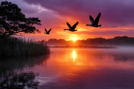 Geese flying across tranquil misty lake reflecting intense sunset colorsの素材