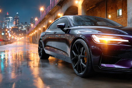 Dark purple automobile parked on wet street reflecting city lights at nightの素材