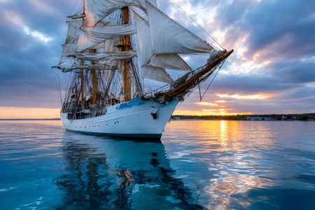 Tall ship sailing on tranquil water reflecting a vibrant sunset skyの素材