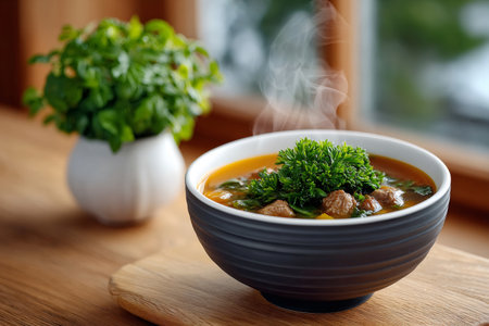 Hearty bowl of hot soup with meatballs and vibrant parsley releasing steamの素材