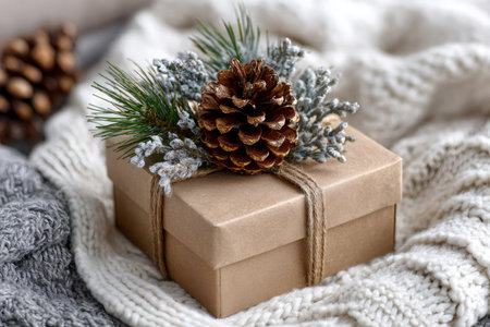 Craft paper gift box decorated with natural elements on a warm knitted backdrop, creating a cozy holiday feelingの素材