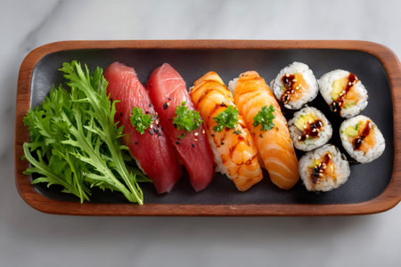 Sushi platter with a variety of fresh seafood nigiri and maki rolls, a Japanese delicacyの素材