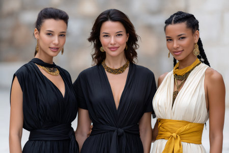 Three women posing, wearing elegant dresses and ancient style gold jewelryの素材