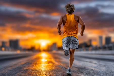 Male runner training on a wet city street at vibrant sunsetの素材