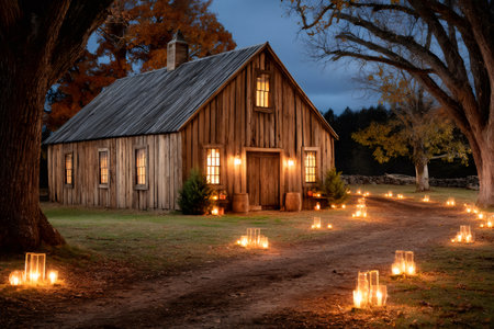 Cozy wooden barn glowing with warm lights and candles in the eveningの素材