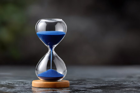 Glass hourglass with blue sand flowing, illustrating the concept of time passingの素材
