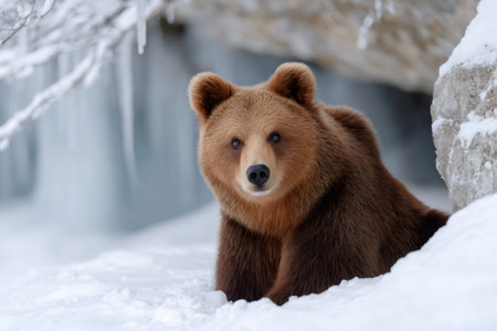 Brown bear standing in a snowy winter landscape with ice formations and rocksの素材