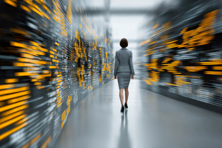 Businesswoman walking through a corridor with fast moving digital data streamsの素材
