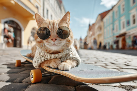 Cool ginger cat laying on a skateboard in a city street, wearing sunglasses and a sweaterの素材