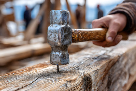 Hand holding hammer striking a nail into rustic wood during building processの素材