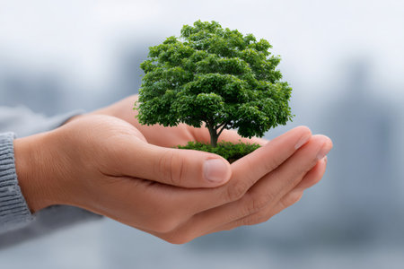 Human hands cradling a tree, symbolizing environmental protection and sustainable growthの素材