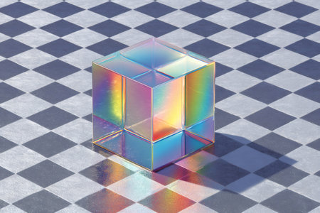 Iridescent cube producing colorful light reflections on a geometric checkered surfaceの素材