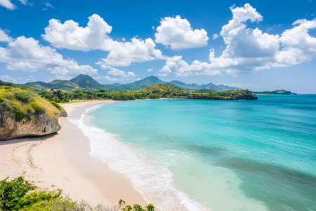 Tropical beach offers turquoise ocean, white sand, and lush green hills under a blue skyの素材