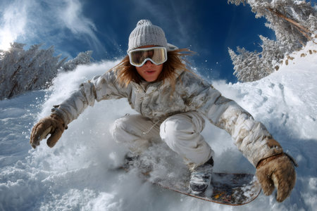 Woman snowboarding downhill enjoying winter sport activity with snow spraying aroundの素材