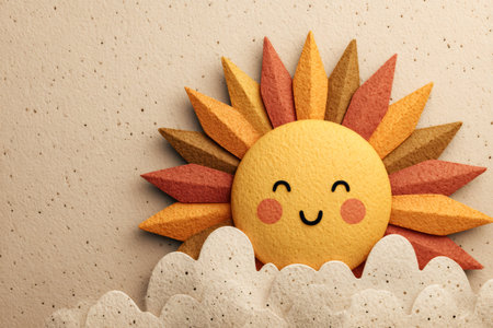 Happy felt sun character rising above fluffy textured clouds against a beige backgroundの素材