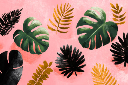 Abstract botanical illustration featuring green, gold, and black tropical foliageの素材