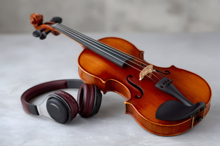 Violin and headphones on a gray surface symbolizing blending traditional and contemporary soundsの素材