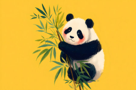 Little cartoon panda bear smiling and holding bamboo plant, bringing happinessの素材
