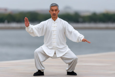 Mature asian man balancing in a tai chi pose wearing traditional white clothing by waterの素材