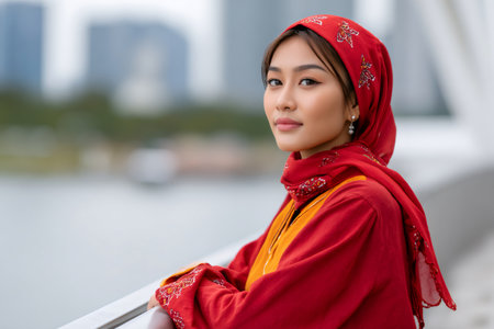 Young Muslim woman wearing a red headscarf and traditional clothing in an urban settingの素材