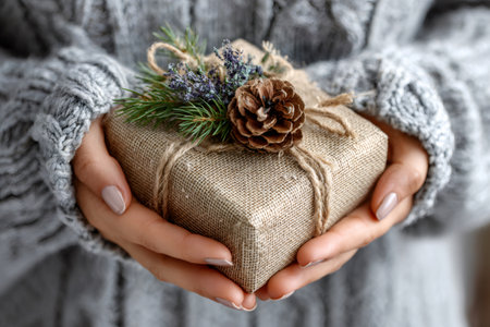 Hands in a warm sweater holding a burlap wrapped gift adorned with a pine coneの素材