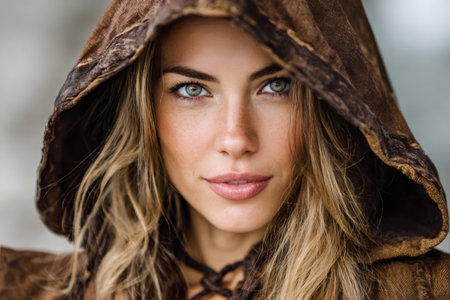 Woman with blonde hair and green eyes looking at camera and wearing a brown hooded cloakの素材