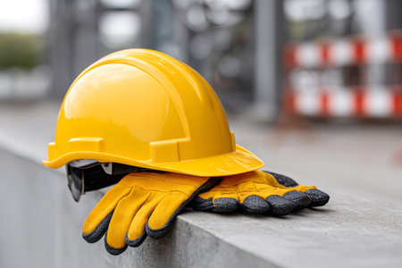 Yellow hard hat and work gloves representing construction safety and protectionの素材