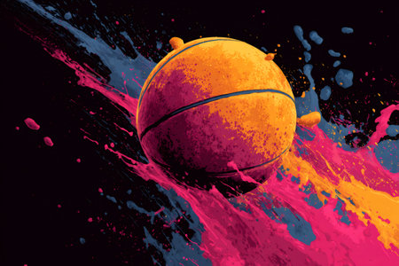 Basketball bursting with vibrant pink, orange, and blue paint creating a dynamic abstract athletic sceneの素材