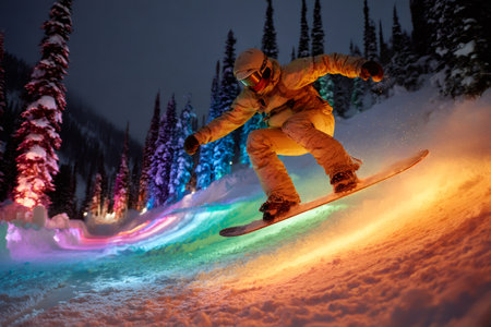 Snowboarder in action enjoying extreme winter sports under vibrant artificial lightsの素材