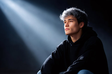 Pensive young man with gray hair looking up, concepts of hope and introspectionの素材
