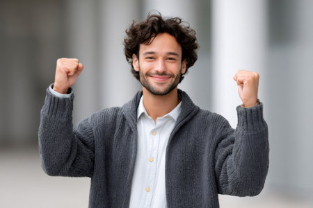 Happy man smiling while raising clenched fists in a gesture of triumphの素材