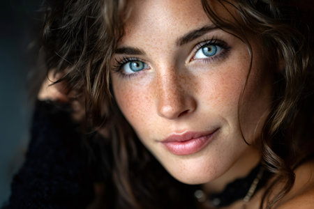 Woman with natural beauty and freckles wearing a black topの素材