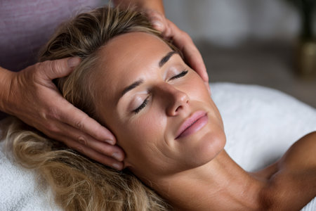 Woman receiving a head massage, eyes closed in a moment of calm and relaxation at a spaの素材