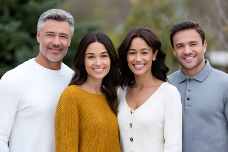 Four smiling adults standing together outdoors, looking at cameraの素材