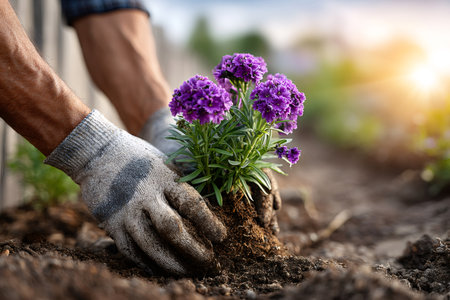 Hands in gloves planting a small purple flowering plant into garden soilの素材