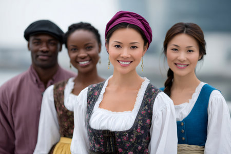 Diverse group of smiling individuals presenting unity and cultural variety through traditional clothingの素材