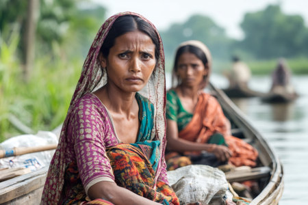 Bangladeshi women traveling on a small boat along a rural riverの素材