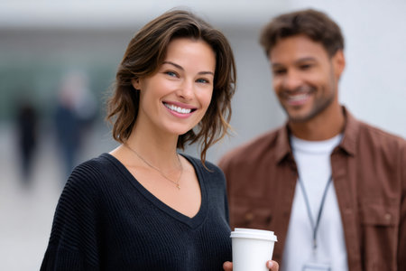 Smiling woman holding coffee while colleague stands blurred in the backgroundの素材