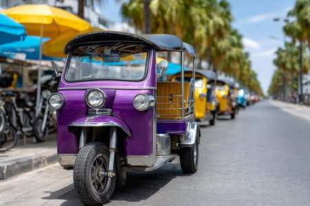 Purple tuk tuk parked on a tropical street with other taxis in a rowの素材