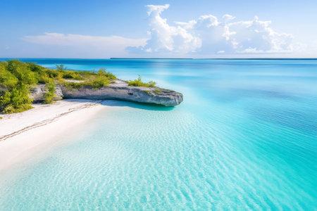 Secluded coastal landscape with clear shallow water, white sand, and lush green vegetationの素材