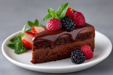 Chocolate cake slice topped with rich ganache, raspberries, blackberries, and mintの素材